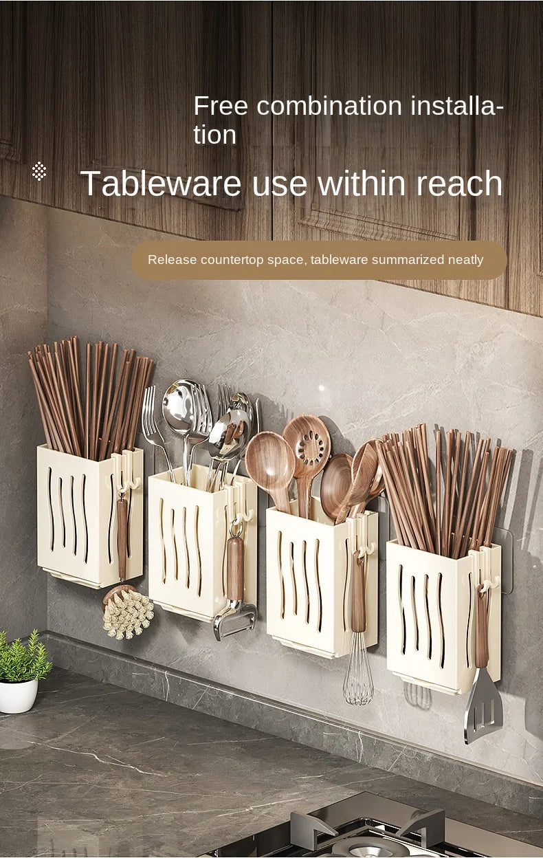 Chopsticks storage box, wall-mounted kitchen shelf without drilling, household chopsticks drainage basket, utensil bowl, chopsti