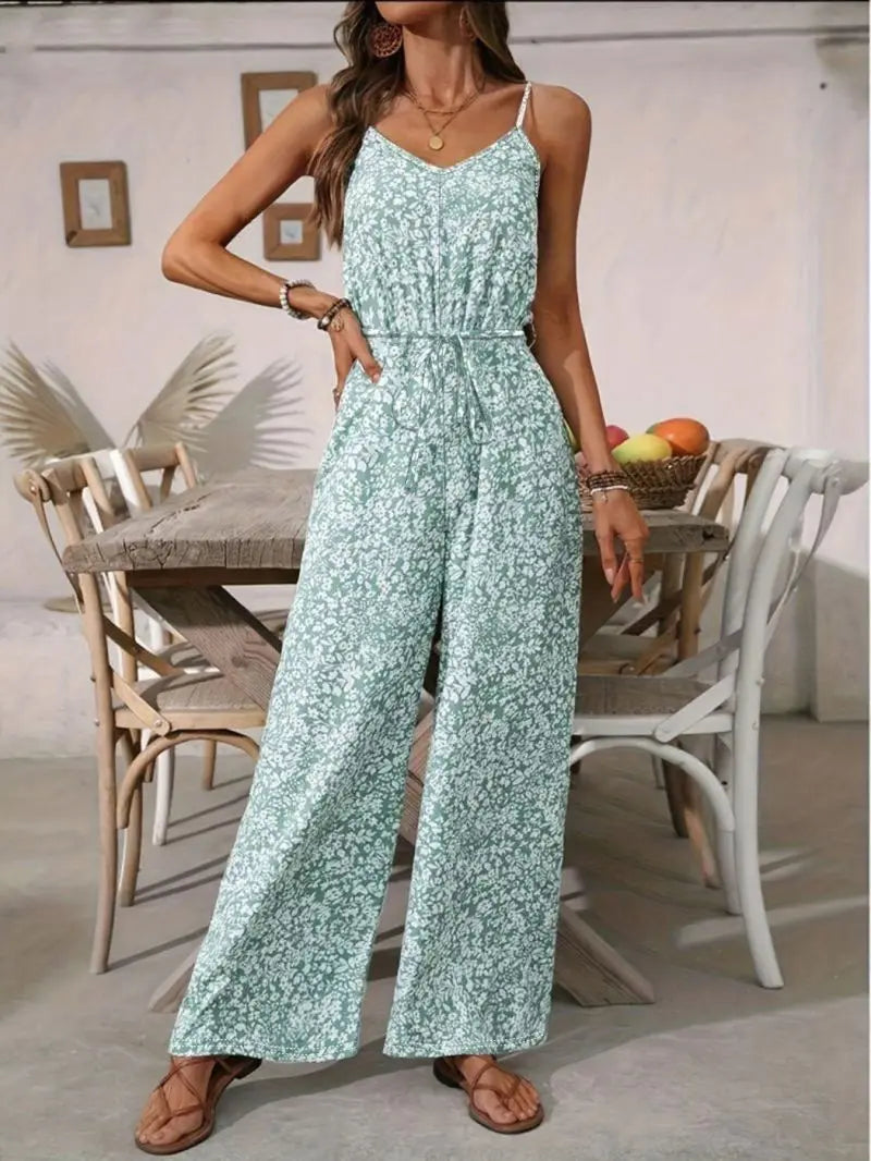 Women's New Floral Simple Fashion Summer Strap Jumpsuit with Belt