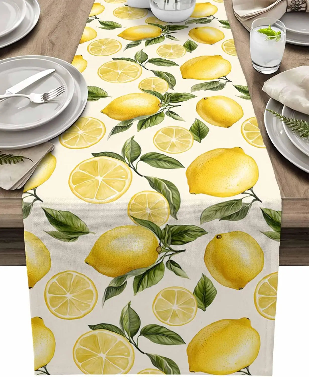 Summer Lemon Theme Linen Table Runner Holiday Wedding Party Decor Watercolor Summer Farmhouse Table Runners Dining Table Decor