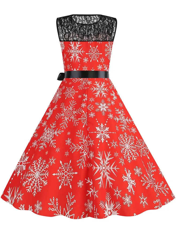 Christmas Dress Women Vintage 50s Lace Sleeveless Print Party A Line Santa Claus Sundress Runway Midi Pinup Flare Dresses