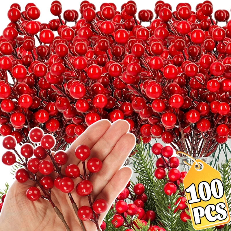 100/1pc Artificial Red Berry Stems Christmas Tree Holly Berries Branches DIY Xmas Wreath Table Ornaments New Year Party Decor