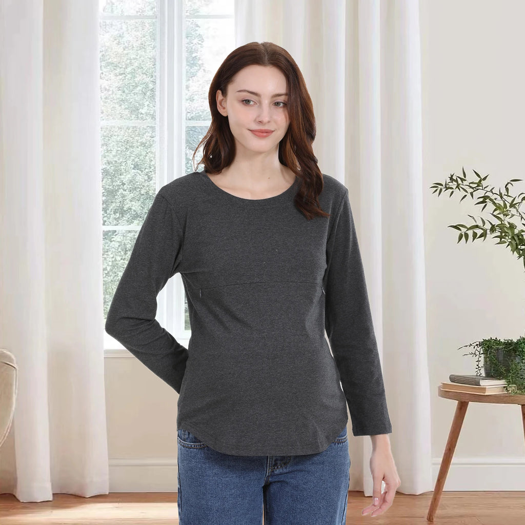 Breastfeeding T Shirt Maternity Clothes Long Sleeve Pregnancy Loose Hem Nursing Tee Spring Autumn Good Stretch Cotton