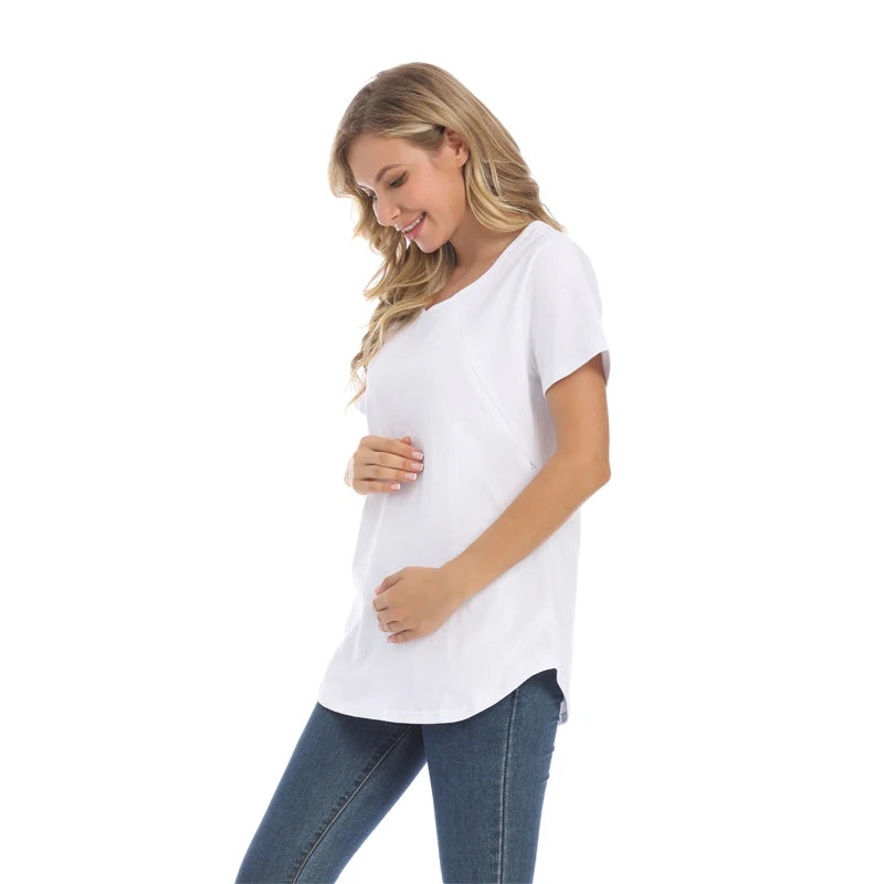 Emotion Moms New Women Maternel T-Shirt Short Sleeve Stretch Cotton Tops Zipper Breastfeeding Loose Pregnant Clothes Big Size