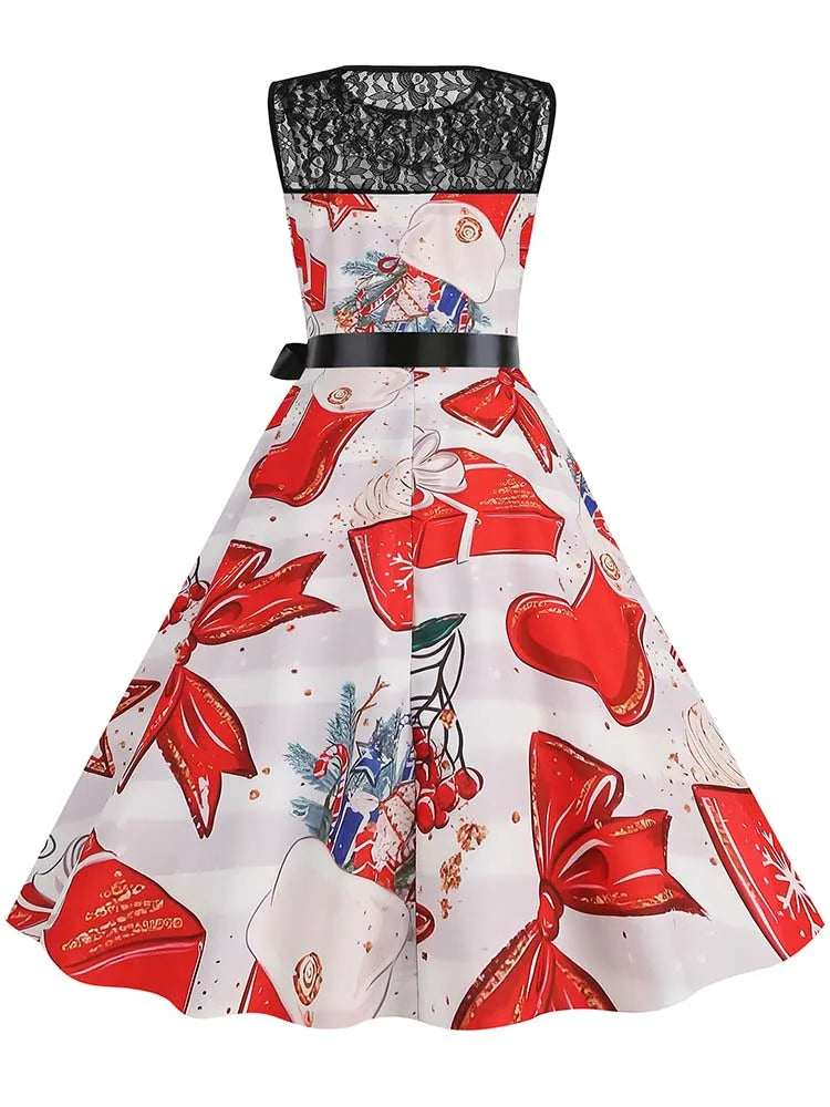 Christmas Dress Women Vintage 50s Lace Sleeveless Print Party A Line Santa Claus Sundress Runway Midi Pinup Flare Dresses