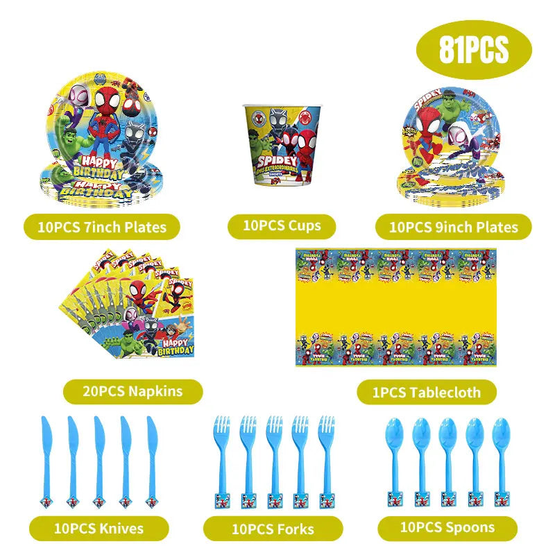 Spidey And His Amazing Friends Birthday Decoration Tableware Supplies Party Paper Cups Plates Tablecloth Banner Balloons For Kid