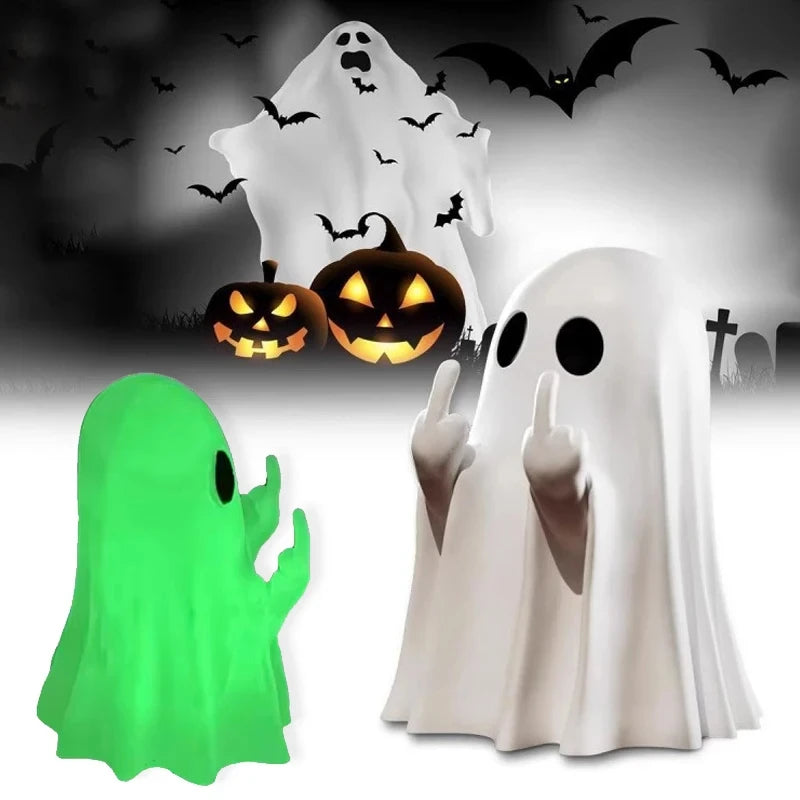 Cute Ghost Resin Statue Middle Finger Figurine Spooky Halloween Decor For Shelf Mantel Coffee Table Display Home Party Ornament