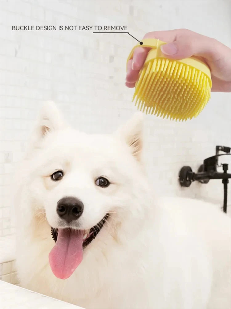 Silicone Soft Rubber Pet Massage Shower Brush with Builtin Shampoo Storage Self Cleaning Detangling for Dogs Cats Grooming Brush