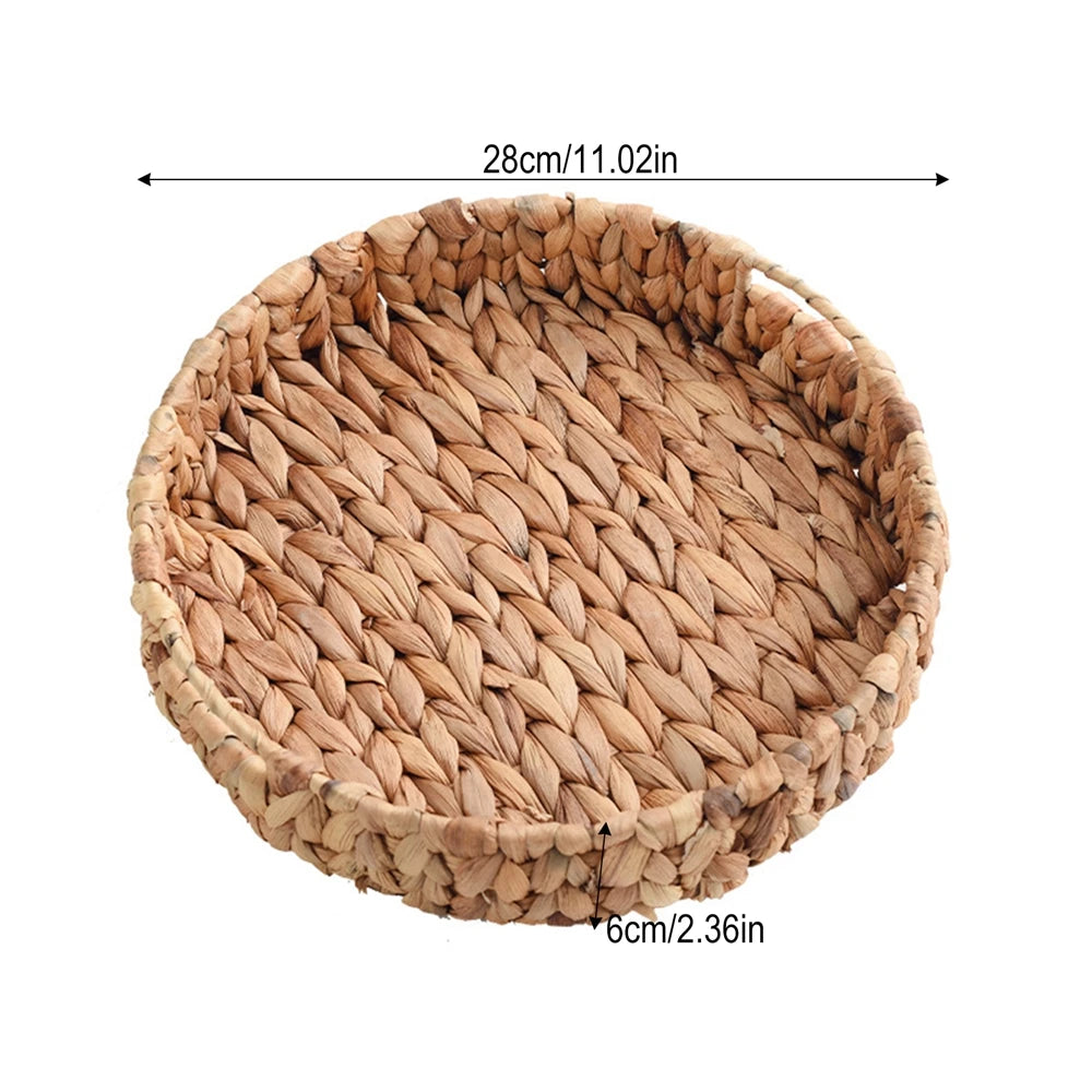 Decorative Round Basket Tray Natural Woven Fruit Vegetable Storage Tray with Handle Grass Weaving Storage Baskets Serving Trays