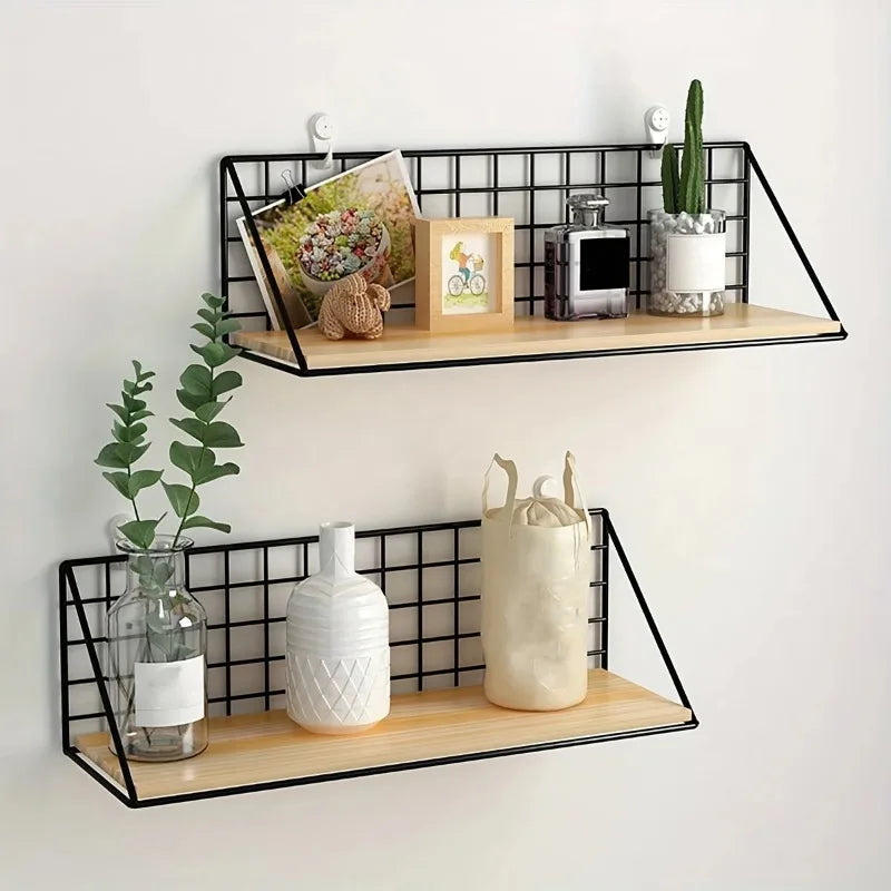 1Pcs Floating Shelves Wall Mounted Wood Storage Display Shelf with Metal Wire Basket Hanging Rack for Dorm Bedroom Bathroom