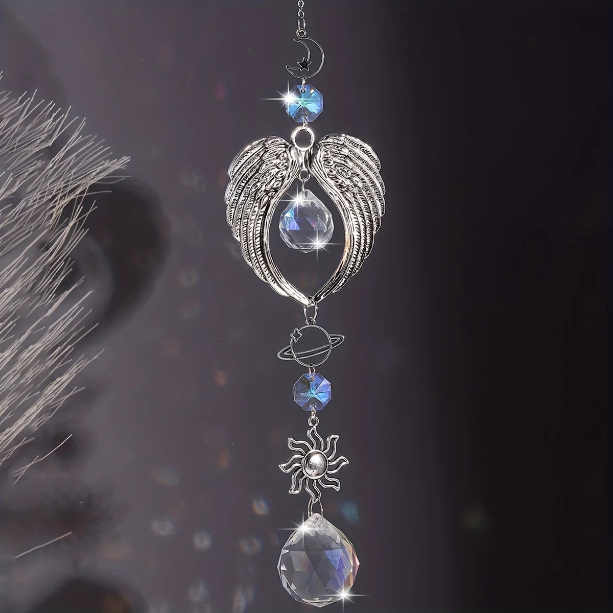 1pc Crystal Alloy Hanging Decoration Gift Angel Wings Home Gardening Decorative Glass Prism Wind Chime