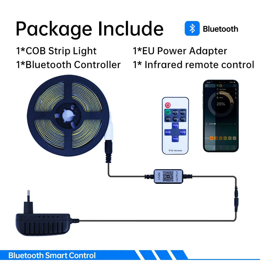 12V COB LED Strip Light 320LEDs/m 0.5m-5m with Power Supply & Bluetooth Controller for Warm/Neutral/Cold White Cabinet Lighting