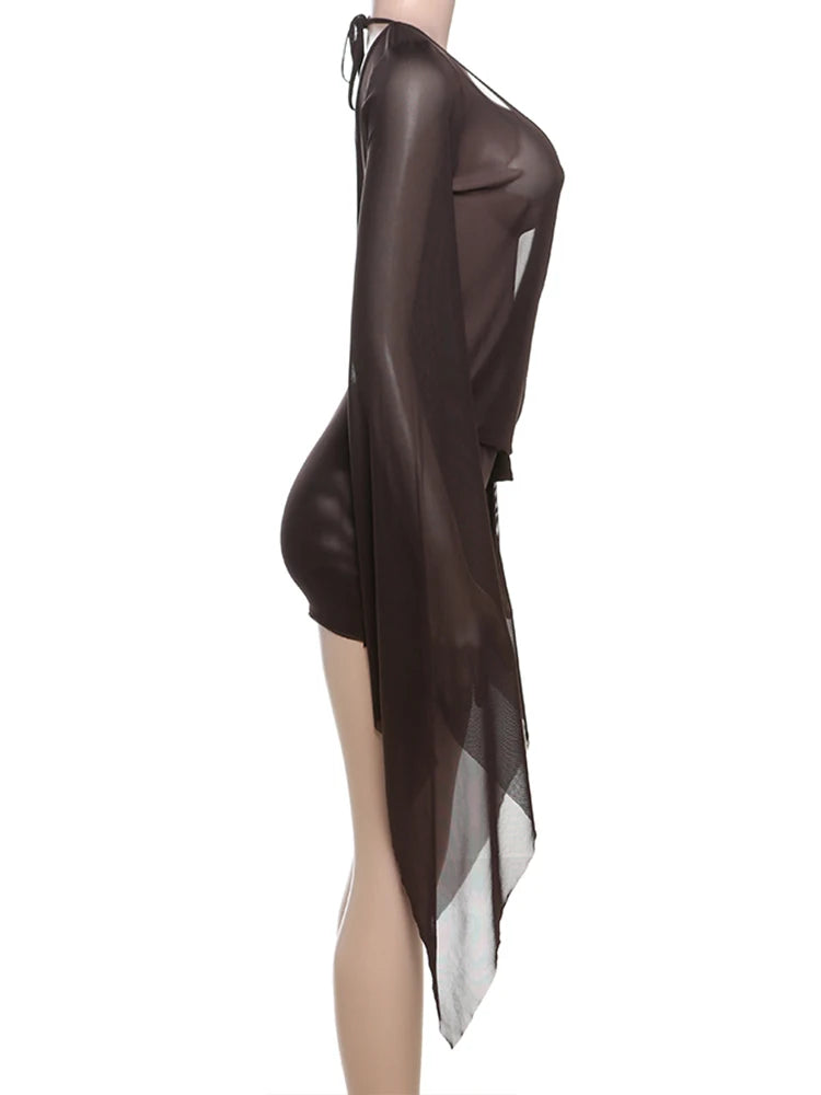 Weird Puss Mesh Sexy Summer Dress Women Cross Bandage Low-Neck Backless Flare Sleeve Midnight Coquette Midnight Party Bodycon