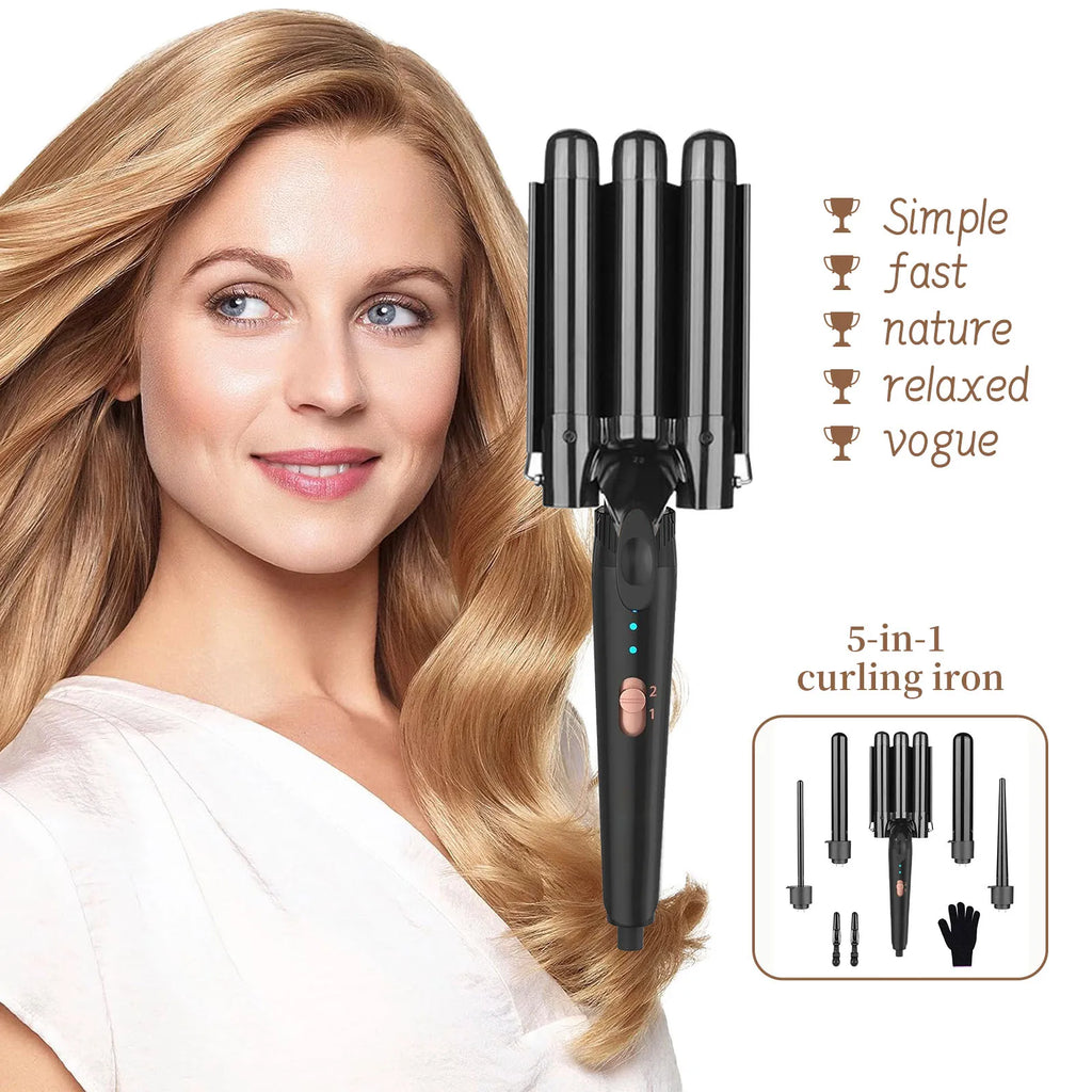 5 in 1 Hair Curlers Set with Curling Brush, 0.35”-1.25” Hair Curler Wand for Hairstyle and Heat Resistant Gloves and Hair Clip