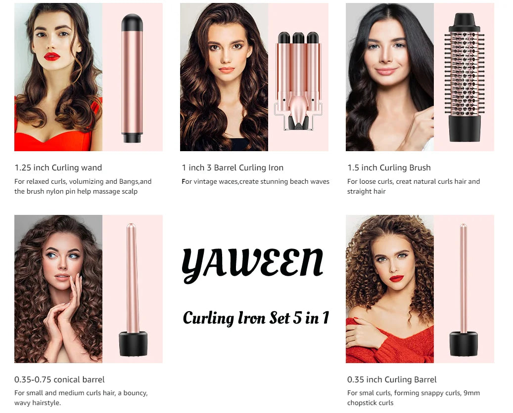 5 in 1 Hair Curlers Set with Curling Brush, 0.35”-1.25” Hair Curler Wand for Hairstyle and Heat Resistant Gloves and Hair Clip