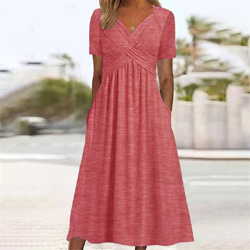 Elegant V Neck Crossover Wrap Bust Dresses Women Solid Color Short Sleeve Dress Summer Female Commuter Side Double Pockets Gown