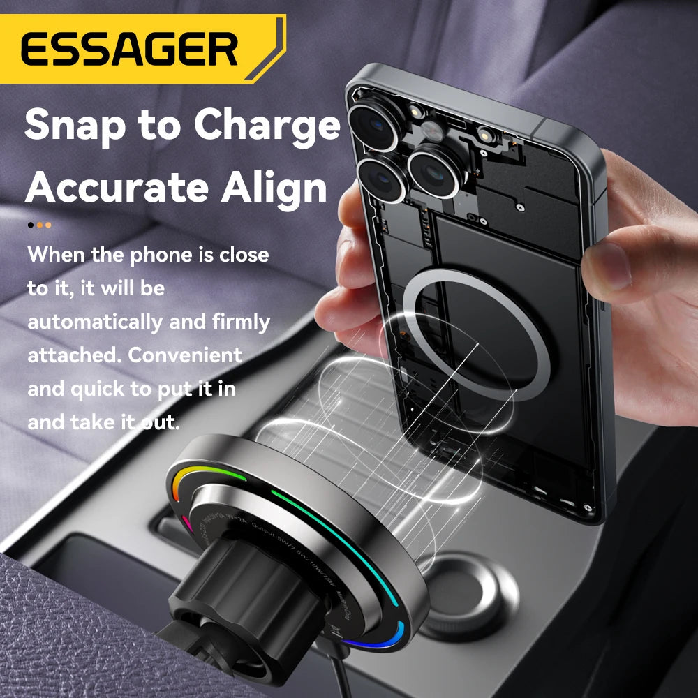 Essager RGB Magnetic Car Phone Holder Qi 15W Wireless Charger For iPhone16 15 14 13 Pro for Magsafe Universal Phone Holder Stand