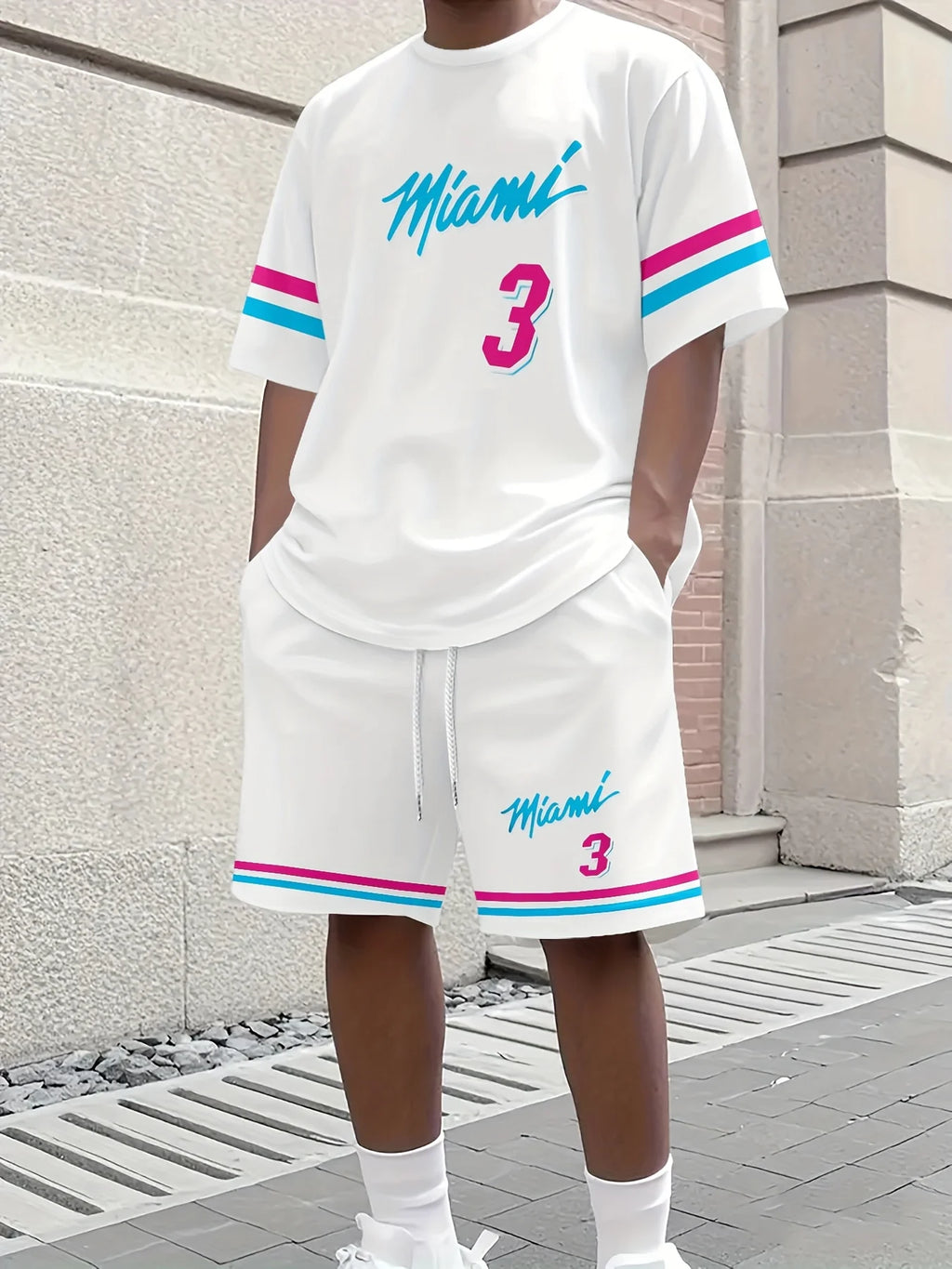 2025 New Men MIAMI NO.3 Print Casual Short Sleeve T-Shirt Shorts Set Adult Basketball Jersey Jogging Suit 2 Piece Set Clothes