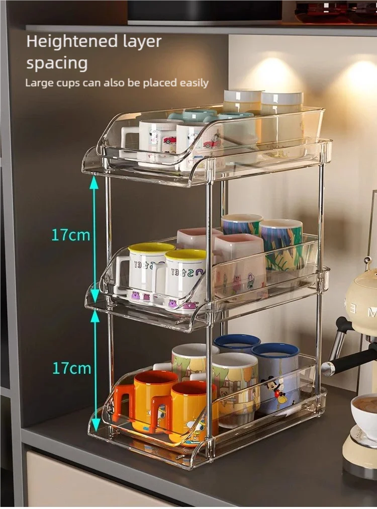Cup Storage Rack Kitchen Cabinet Bar Double Tea Set Mug Holder Multifunctional Sundry Organization Countertop Pull Out Shelf