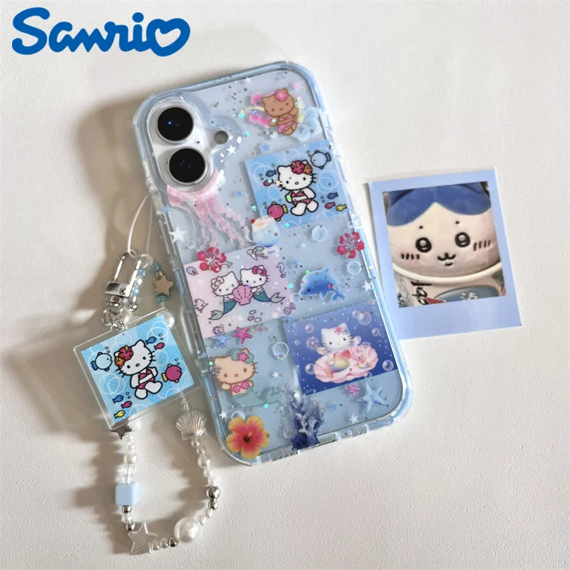 Korean Blue Ocean Hello Kitty Pattern Beach Phone Case For iPhone 11 12 13 14 15 16 Pro Max XS XR X 7 8 Plus Silicone Soft Cover