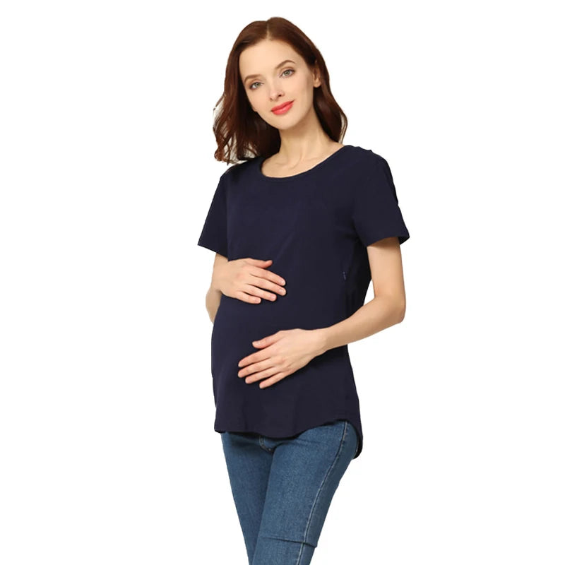 Emotion Moms New Women Maternel T-Shirt Short Sleeve Stretch Cotton Tops Zipper Breastfeeding Loose Pregnant Clothes Big Size