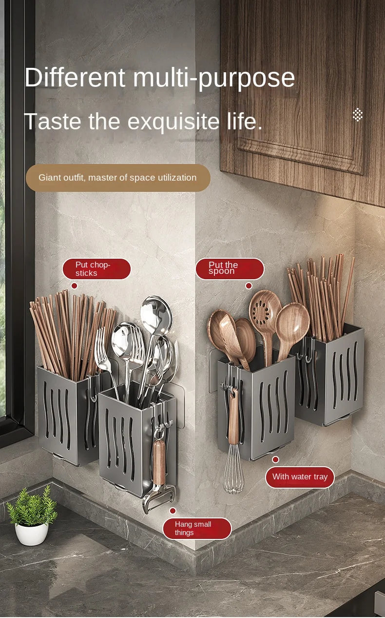 Chopsticks storage box, wall-mounted kitchen shelf without drilling, household chopsticks drainage basket, utensil bowl, chopsti