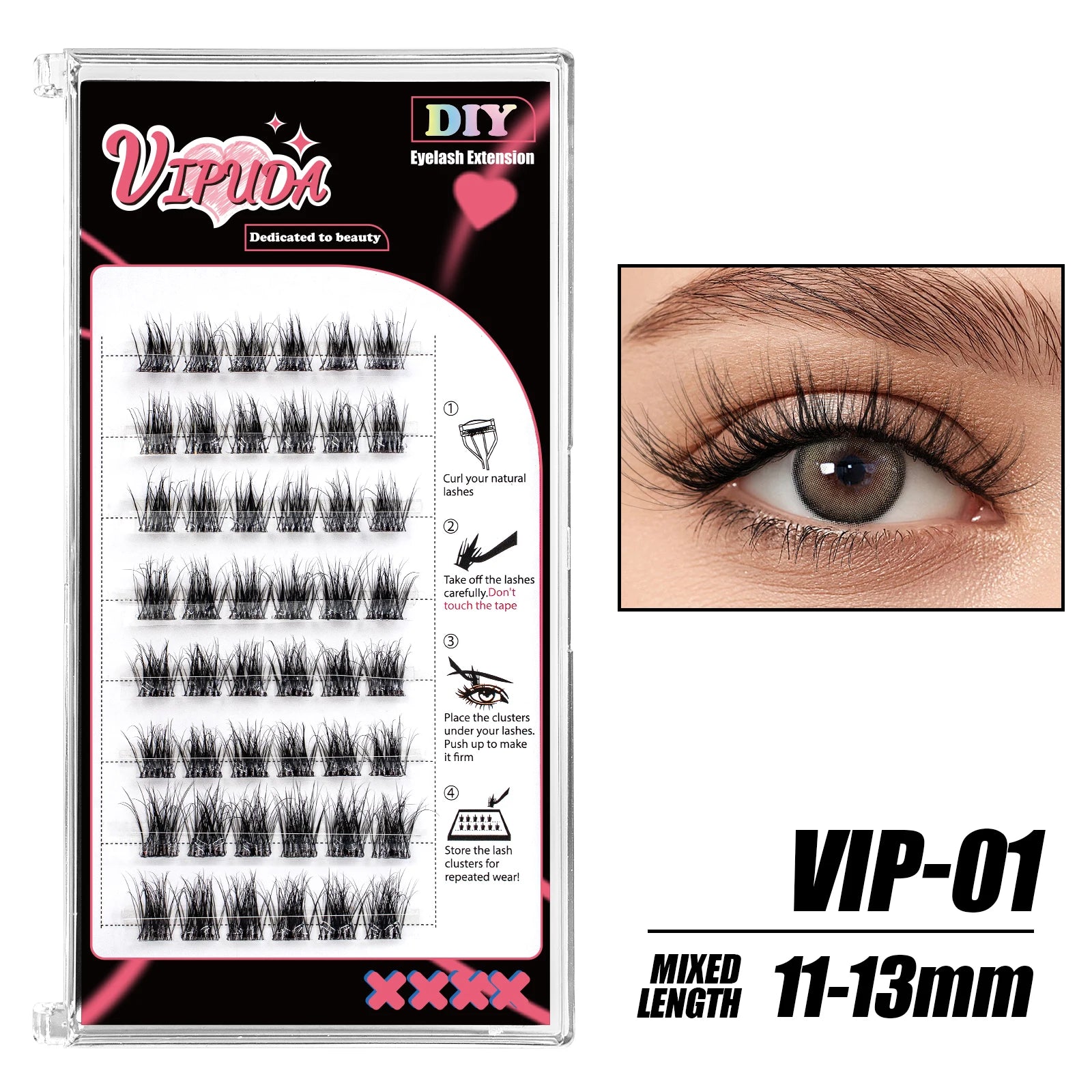 Vipuda Self Adhesive Cluster Lashes Press on No Glue Needed Segmented Eyelashes Reusable DIY Individual Eyelash Extension