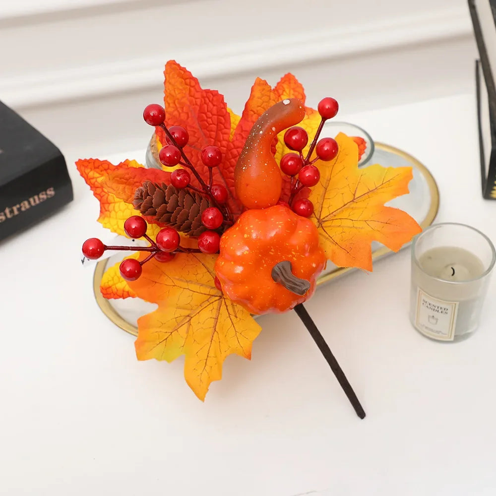 Artificial Maple Leaf Pumpkin Berry Branches Autumn Harvest Home Table Ornament DIY Thanksgiving Halloween Party Decorations