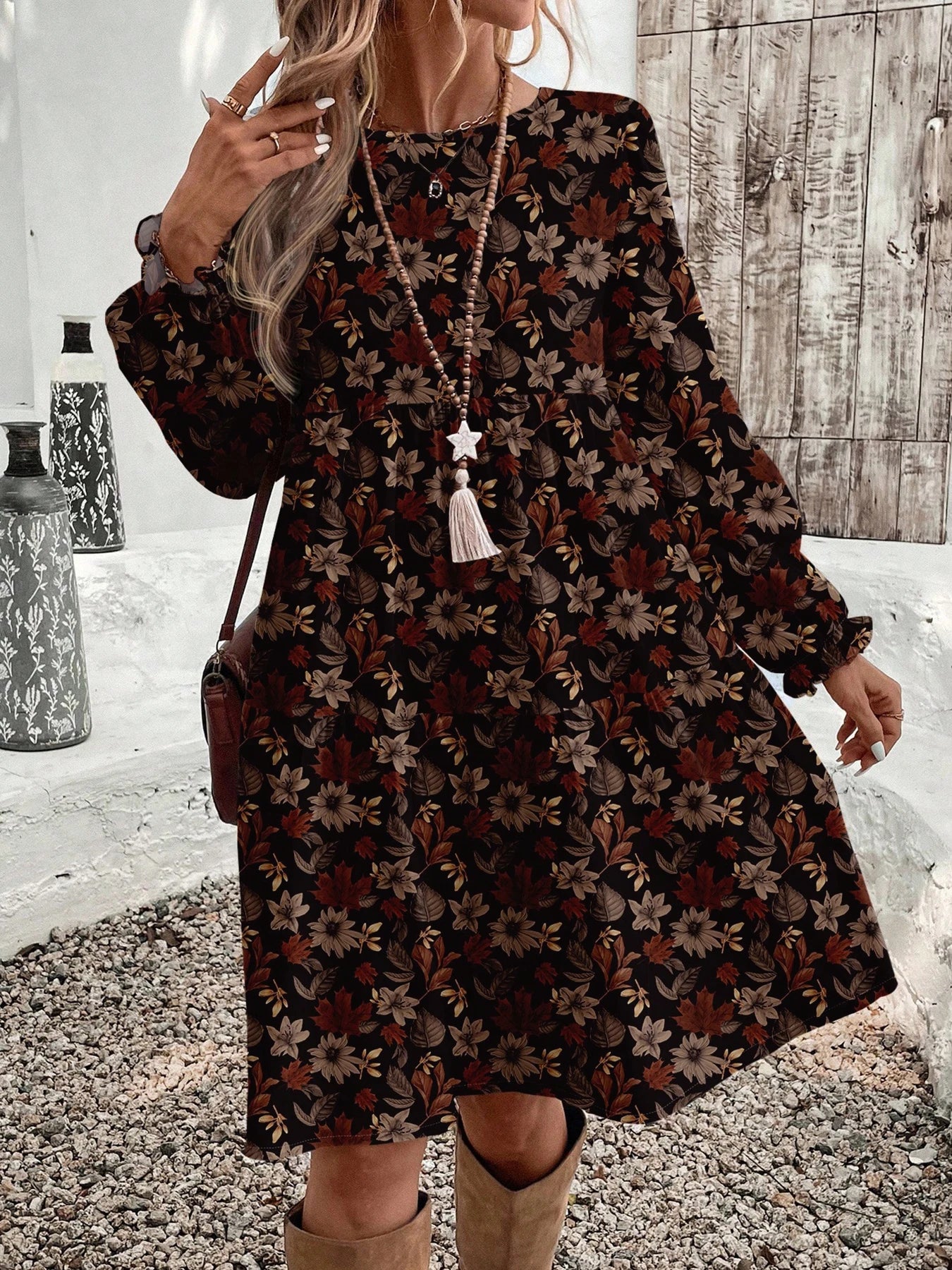Women's Floral Print Tie Neck Flounce Sleeve Dress, Elegant Fashion Casual Dress for Daily Outdoor Wear, Women Dress for Spring