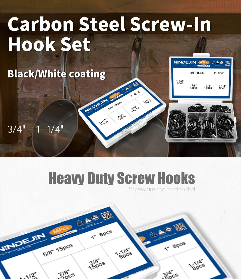 NINDEJIN 66pcs Screw hooks 3/4"-1-1/2" Black White Heavy Duty Screw in Hook Hanger Wood Wall Ceiling Hooks for Kitchen Shelf