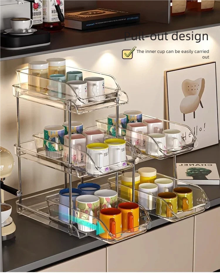 Cup Storage Rack Kitchen Cabinet Bar Double Tea Set Mug Holder Multifunctional Sundry Organization Countertop Pull Out Shelf
