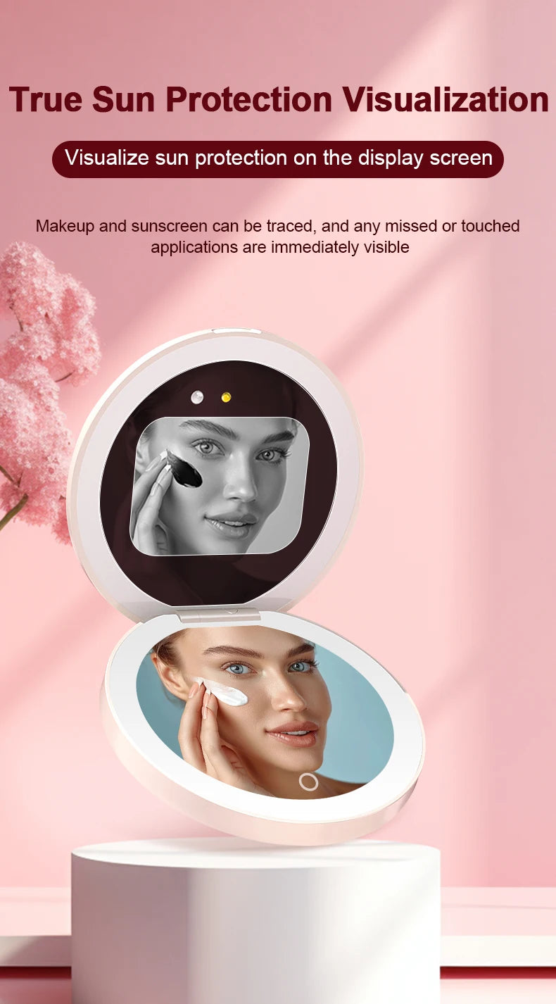 Mini Portable Makeup Mirror 2.8-Inch Display Smart LED Sunscreen Detection Compact Travel Size for Beauty On-the-Go
