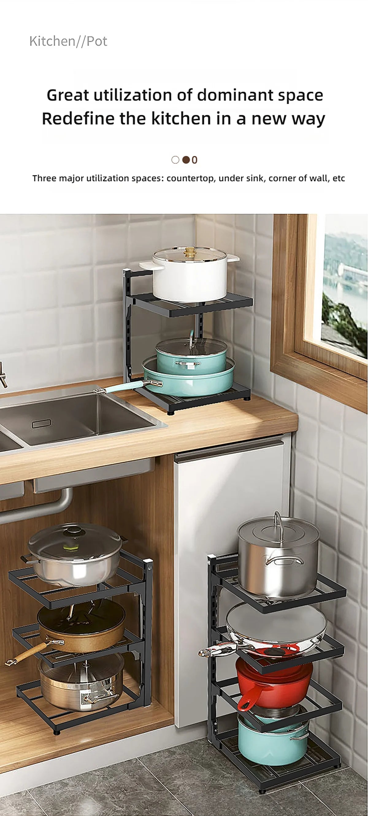 Kitchen Shelf Space-saving Kitchenware Storage Rack Adjustable Pot Rack 2-4 Tiers Under Sink/Corner Applicable