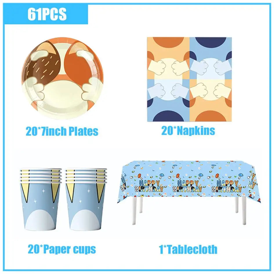 New Cartoon Dogs Birthday Party Decoration Full Set Kit Blue Dog Happy Birthday Plates Napkins Cups Tableware Supplies Kid Favor
