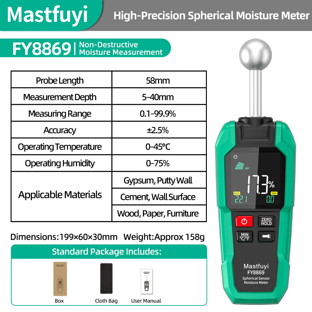 MASTFUYI Pinless Moisture Meter, Water Leak Finder, Non-Invasive Ball Sensor for Wood, Drywall, Flooring in Homes & RVs