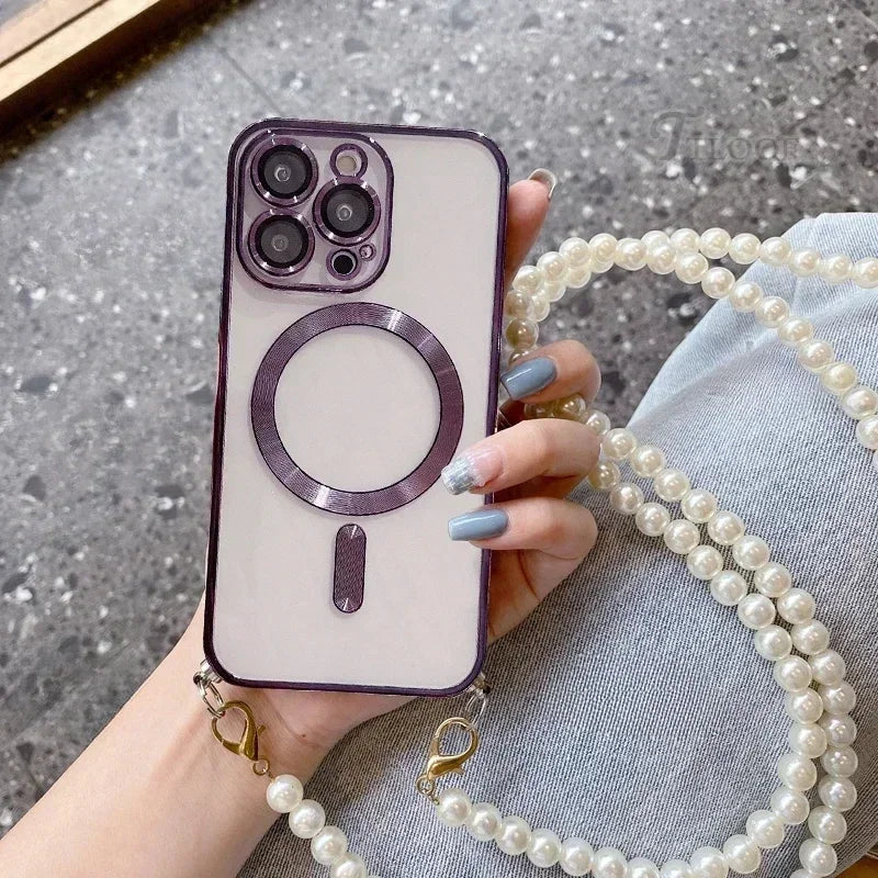 【Pearl Plating】Adjustable Crossbody Lanyard Case for iPhone 16/15 Pro Max/14/13/12/11 ProMax PlusShockproof Magnetic Phone Cover