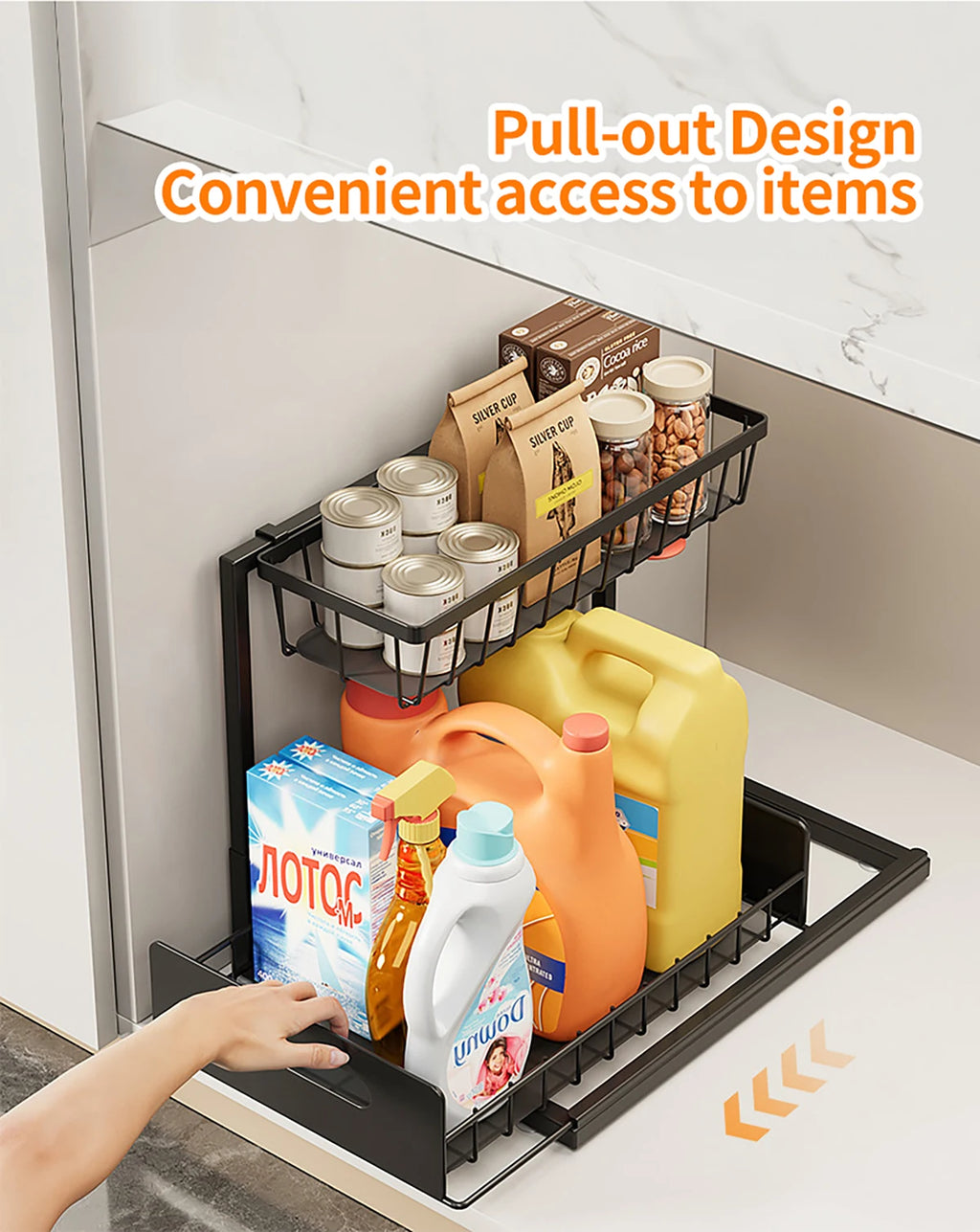 Carbon Steel Kitchen Shelf Double Space Saving Shelves Pull-out Design Countertop/Under Cabinet Dual Use