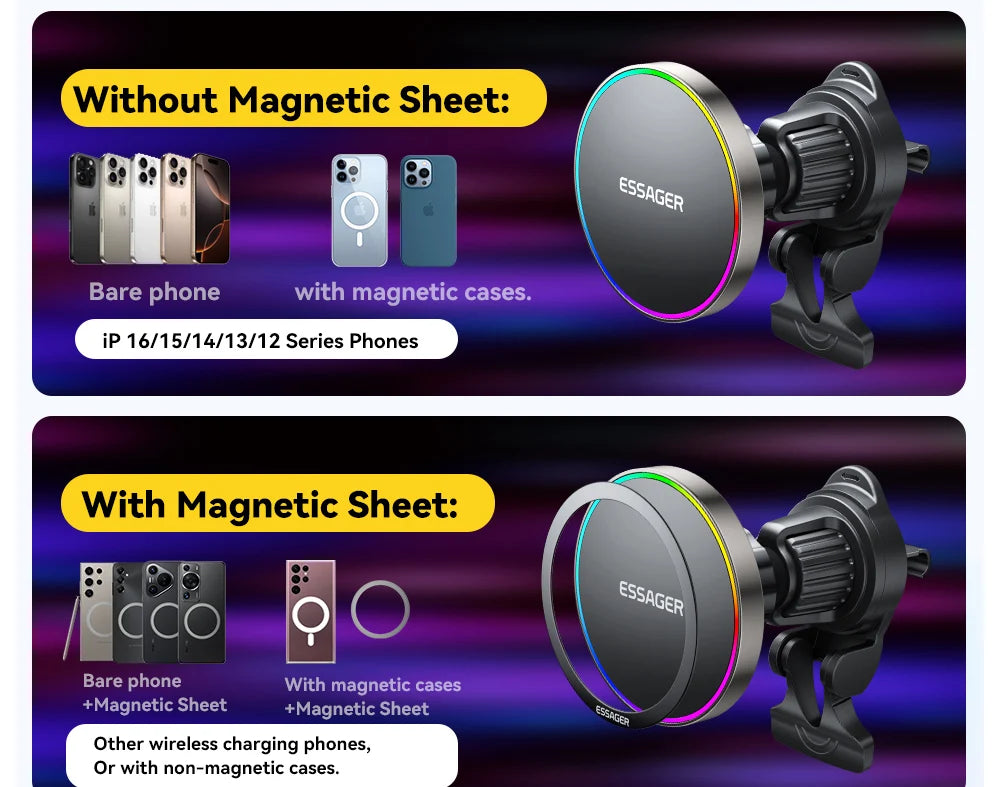 Essager RGB Magnetic Car Phone Holder Qi 15W Wireless Charger For iPhone16 15 14 13 Pro for Magsafe Universal Phone Holder Stand