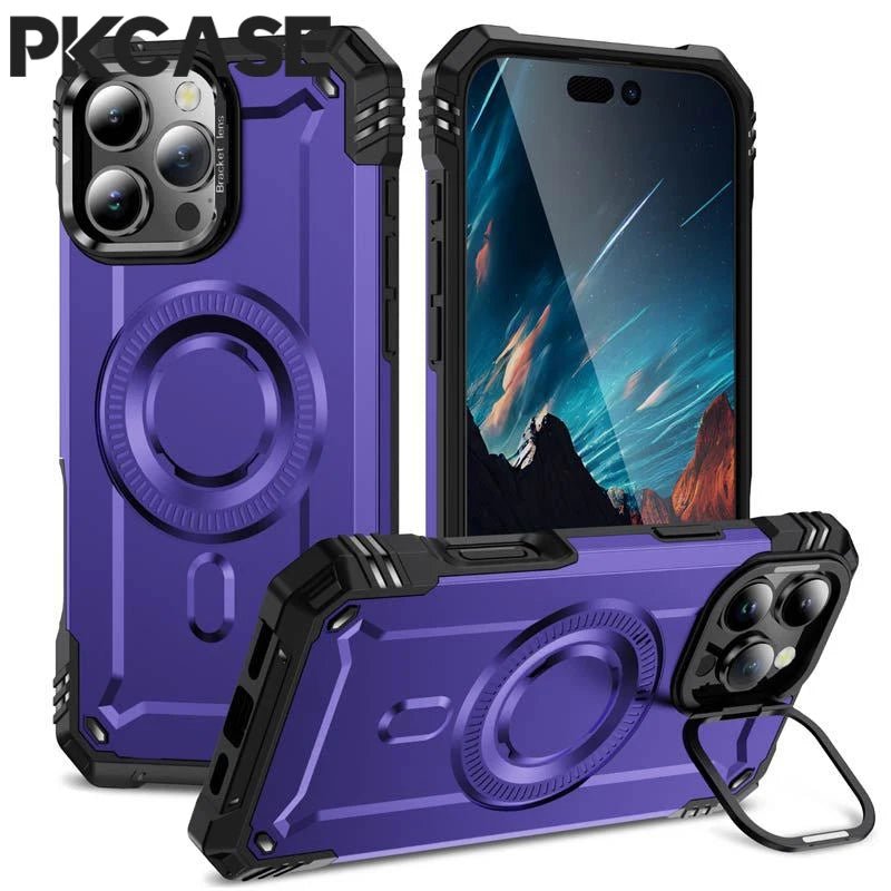 PKCASE Military Shockproof Bracket Case For iPhone 16 15 14 Plus Pro Max For Magsafe Magnetic Armor Cover
