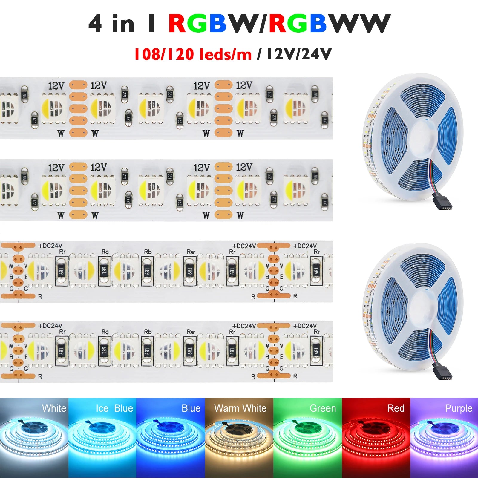 RGBW RGBWW LED Strip DC 12V 24V 4 Colors In 1 Chip SMD 5050 60 108 120 Leds/M Flexible Ribbon Tape Rope Light