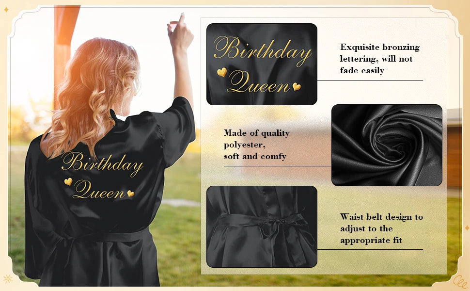 12 Pcs Women's Birthday Party Robes Gold Glitter Queen Squad Kimono Silky Nightgown Satin Bathrobes Dressing Gown