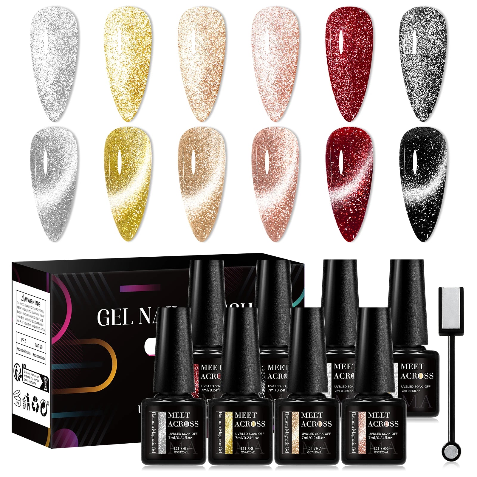 MEET ACROSS 6PCS/SET Cat Magnetic Gel Polish With Magnetic Stick And Box For Nails Semi Permanent Nail Art Gel Varnish Manicure