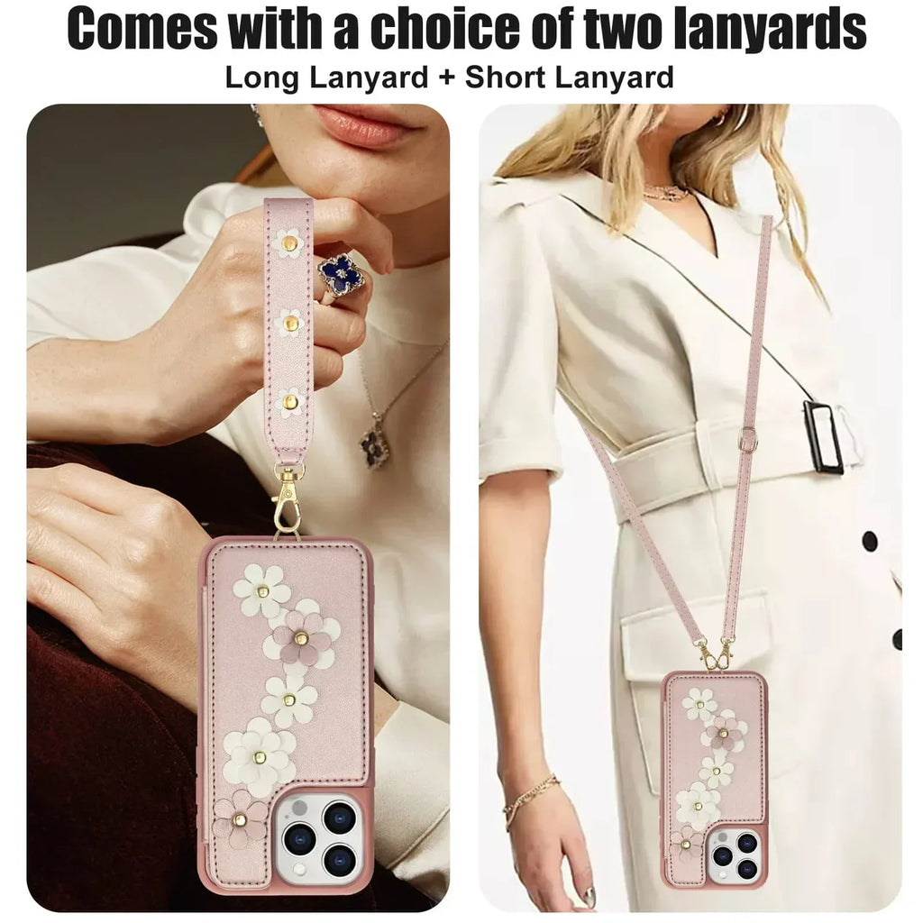 For iPhone 16 15 14 Pro Max Plus Case, Wallet with Card Holder, Cute Flower Design Crossbody Purse, Magnetic Kickstand Cover