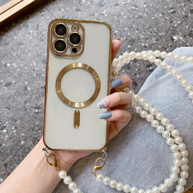 【Pearl Plating】Adjustable Crossbody Lanyard Case for iPhone 16/15 Pro Max/14/13/12/11 ProMax PlusShockproof Magnetic Phone Cover
