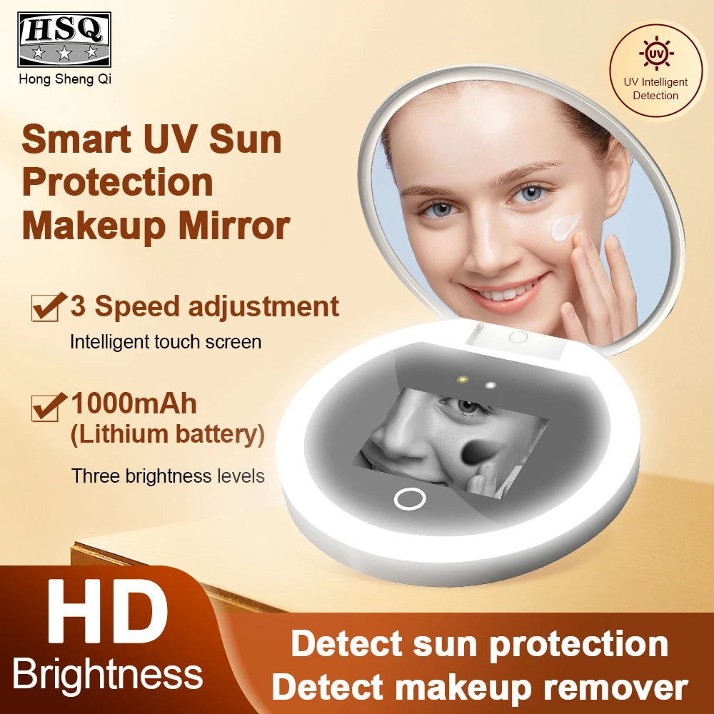 Portable 2.4-Inch Handheld LED Makeup Mirror Intelligent UV Resistant Sunscreen Mirror for Travel