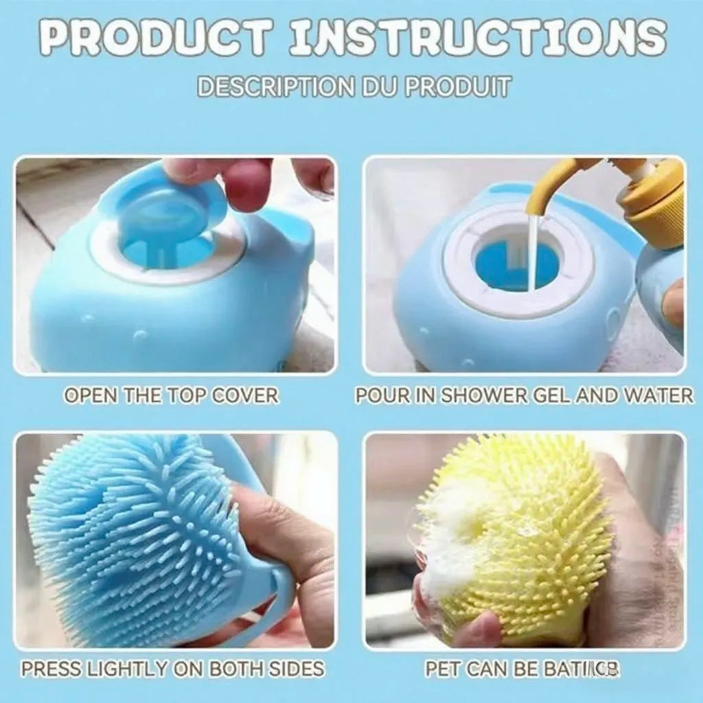 Silicone Soft Rubber Pet Massage Shower Brush with Builtin Shampoo Storage Self Cleaning Detangling for Dogs Cats Grooming Brush