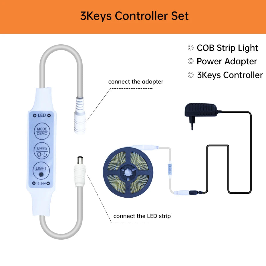 12V COB LED Strip Light 320LEDs/m 0.5m-5m with Power Supply & Bluetooth Controller for Warm/Neutral/Cold White Cabinet Lighting