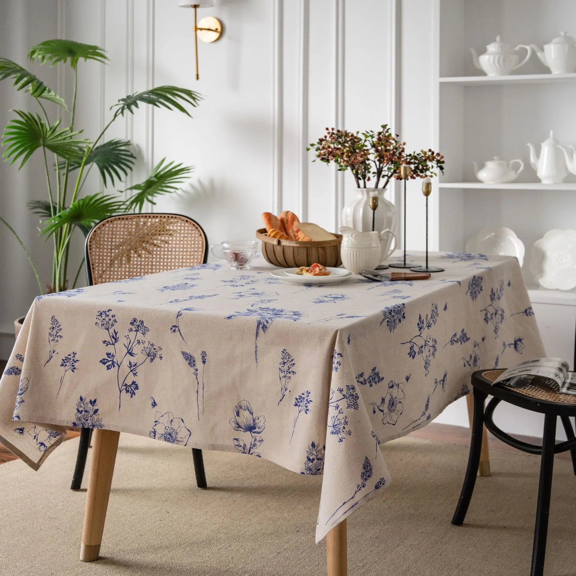 Print Cotton Linen Tablecloth Rustic Garden Natural Botanical Decorative Table Cover for Kitchen Dining Spring Summer Picnic