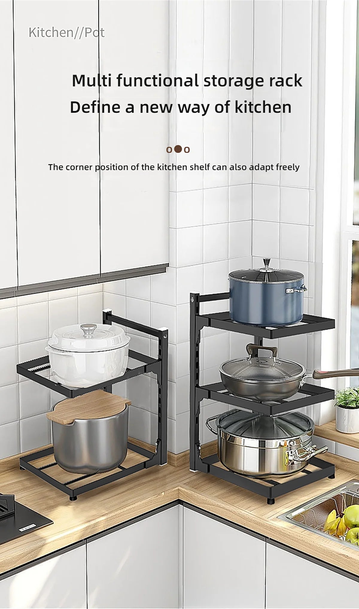 Kitchen Shelf Space-saving Kitchenware Storage Rack Adjustable Pot Rack 2-4 Tiers Under Sink/Corner Applicable