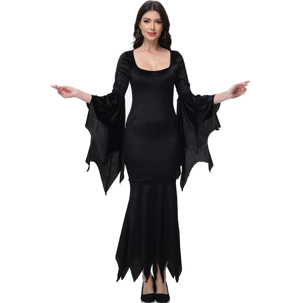 [You're My Secret] Halloween Morticia Adams Primate Black Adams Family Dress Retro Gothic Flared Sleeve Fishtail Dress Vestido
