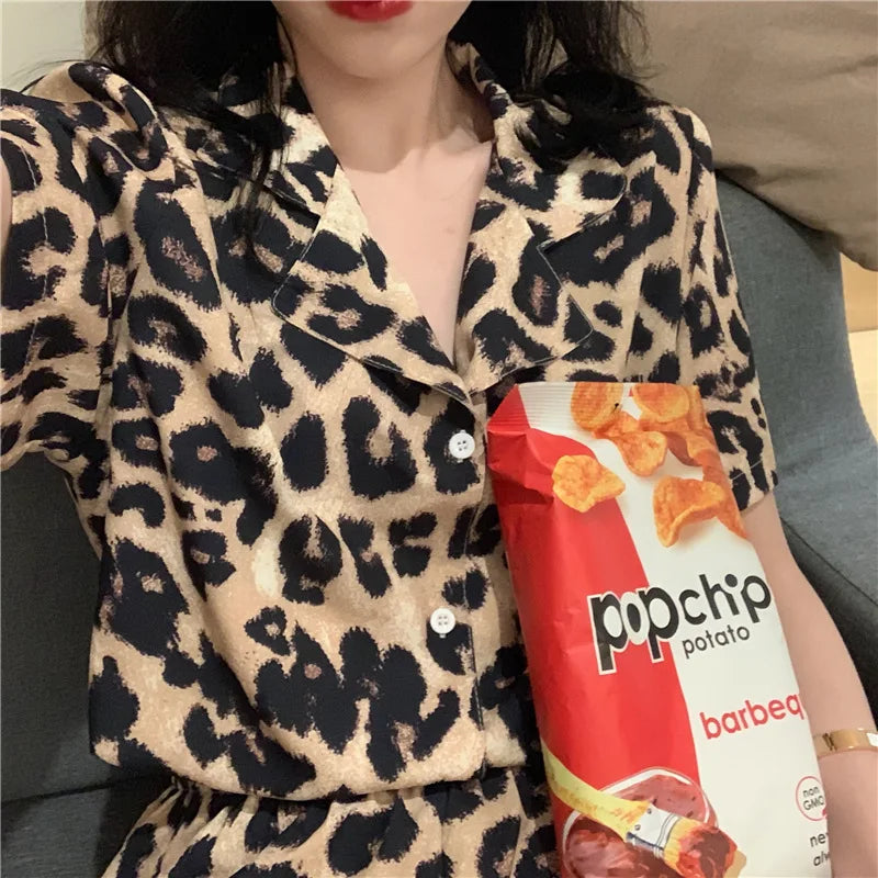 Women's Sleepwear Loungewear Set Short-Sleeved Shorts Pajamas Homewear Cardigan Lapel Leopard Print Sweet Cartoon Nightwear